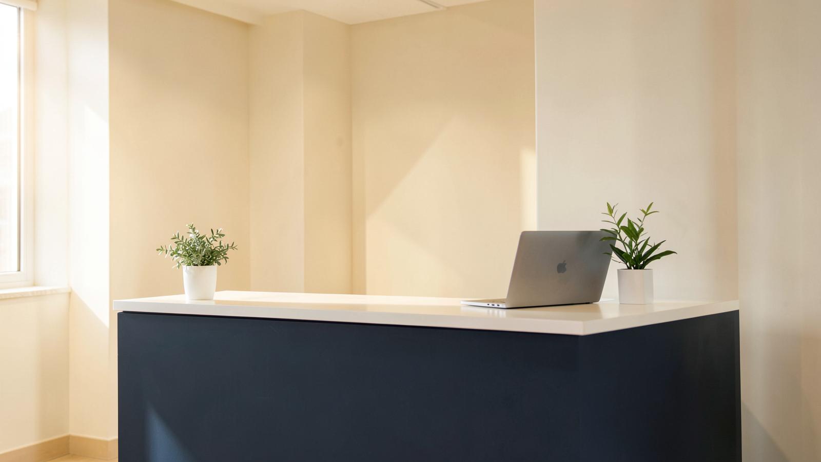 Clinic reception desk with a laptop