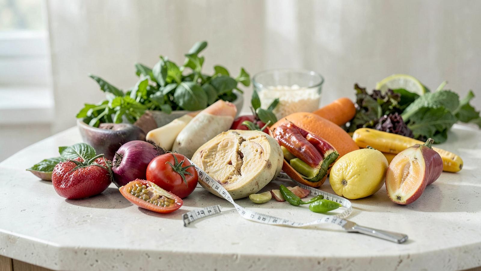 Fresh whole foods and a measuring tape on a stone counter