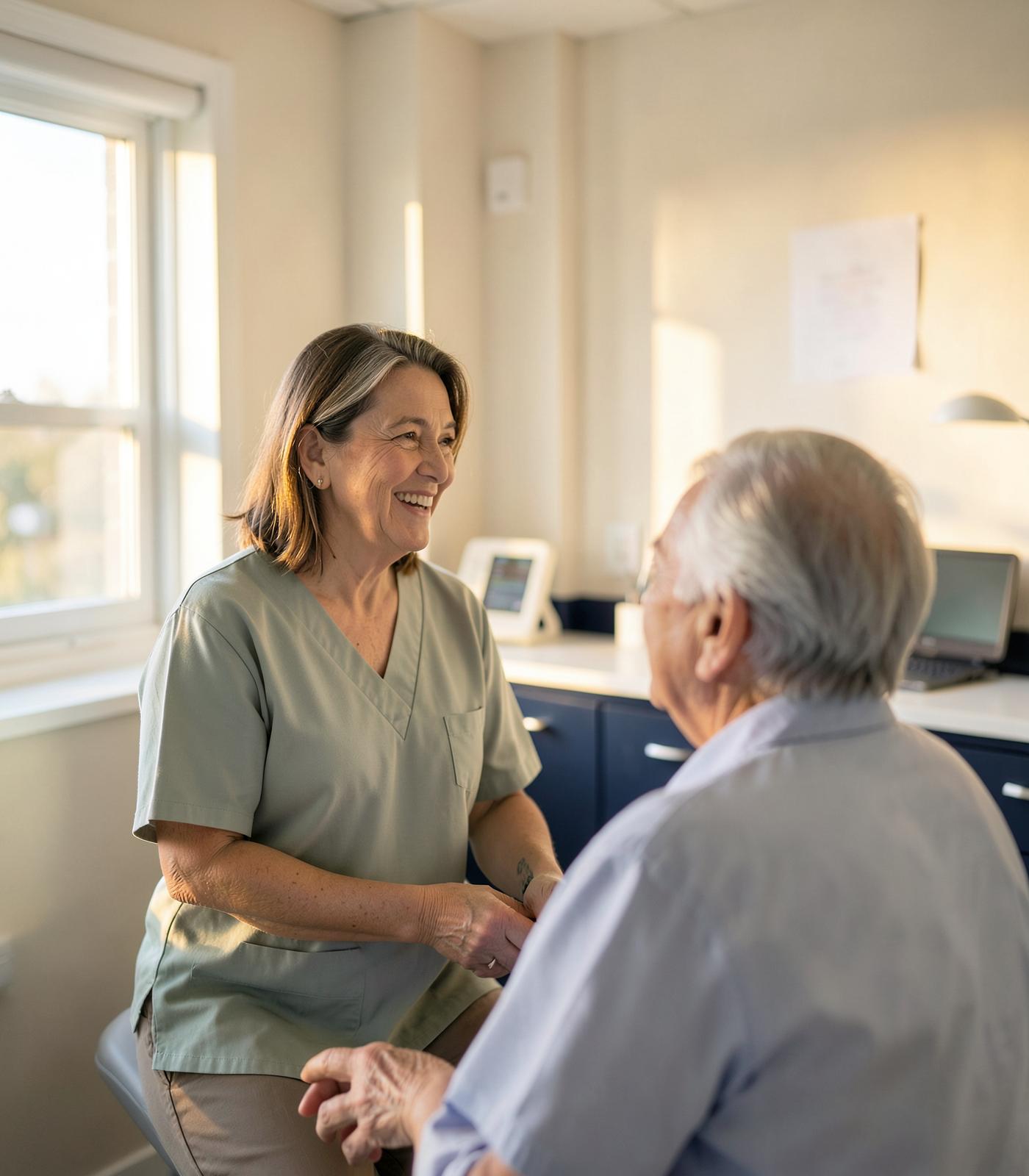 Nurse practitioner speaking with a patient in a bright exam room