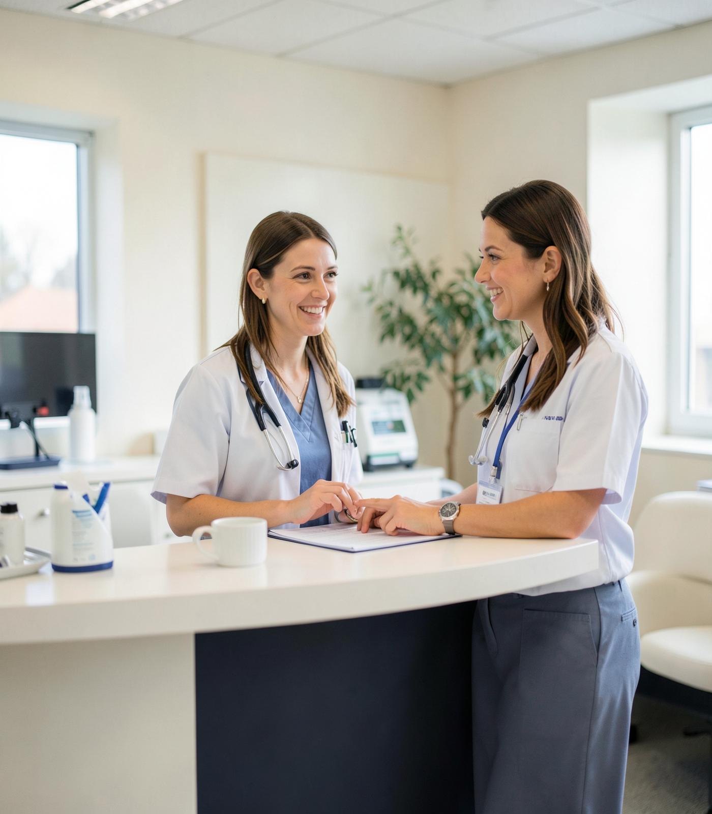 Clinic staff answering a question at the front desk