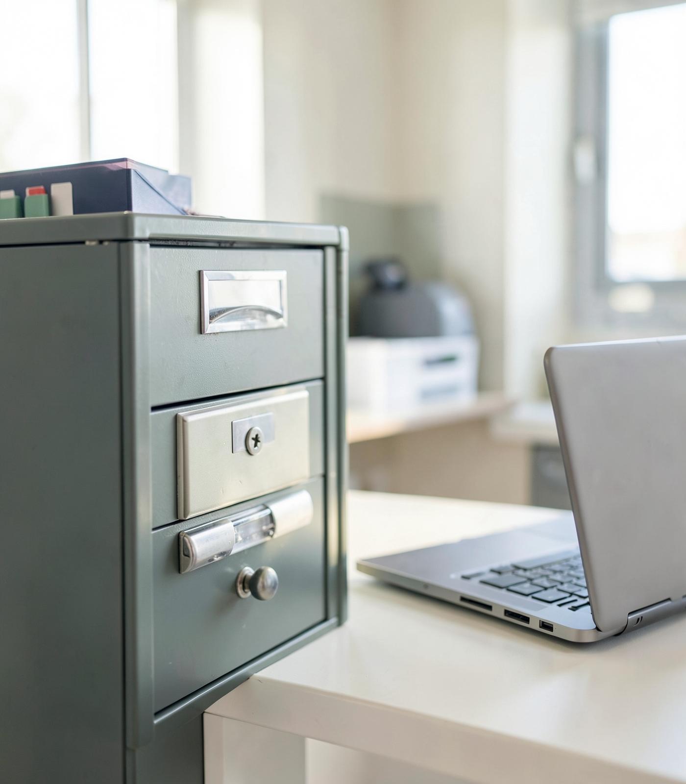 A secure filing cabinet and laptop in a clinic office