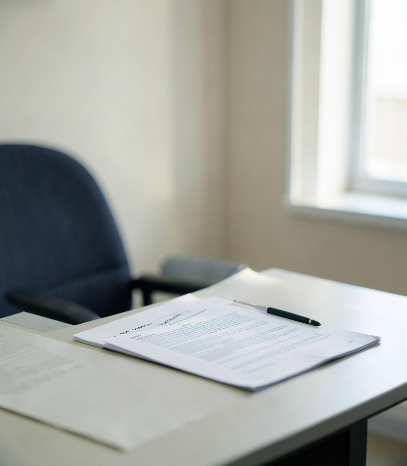 A quiet clinic administrative office with paperwork on a desk